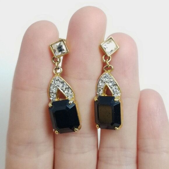 Vintage Black Rhinestone Stud Dangle Earrings, Retro Elegance, Gold Tone Setting - Picture 1 of 6